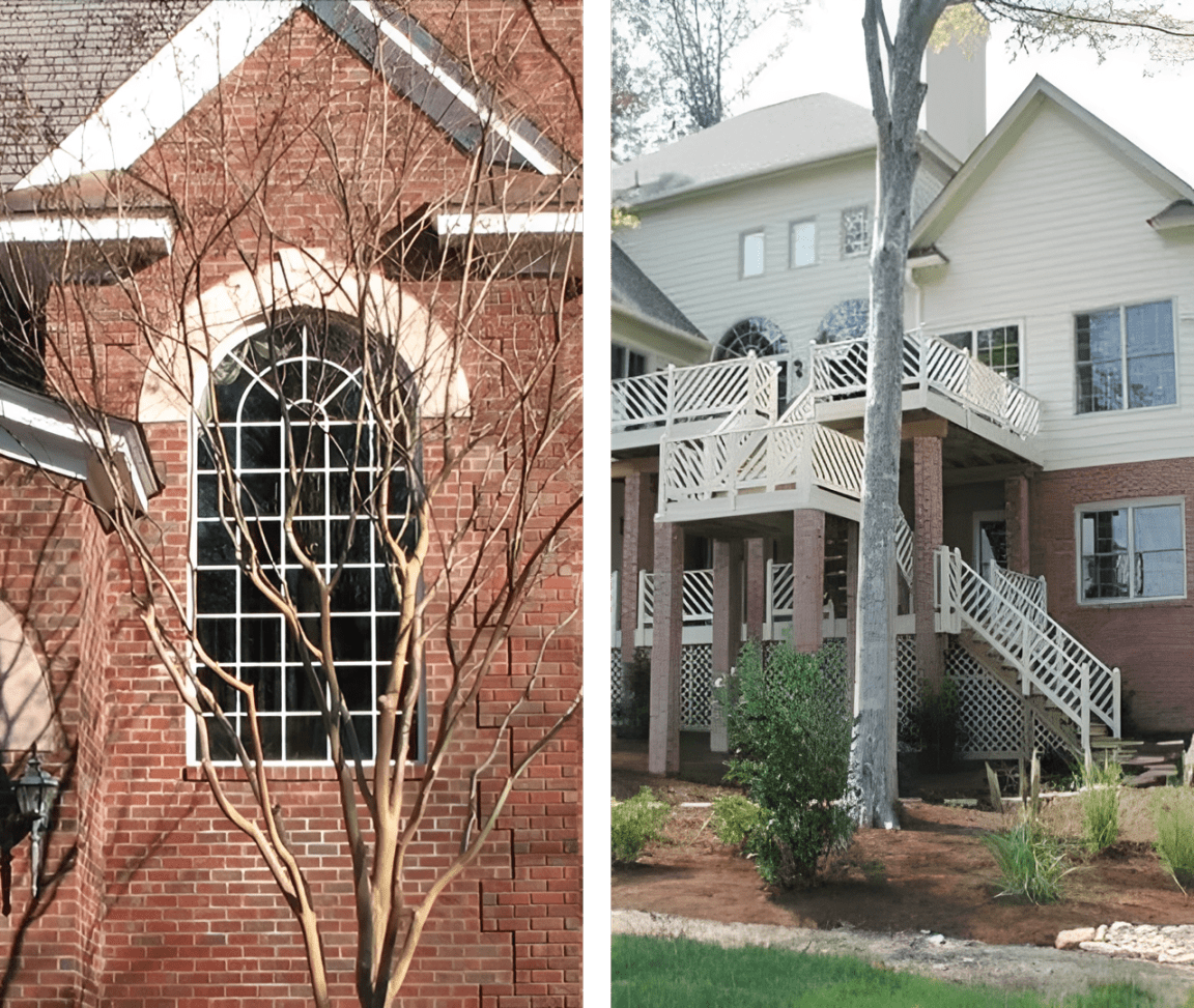 Two-story house with wooden deck